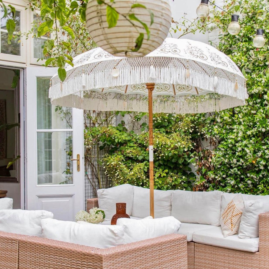 Luxury Balinese handcrafted parasol blending Mediterranean and Balinese styles